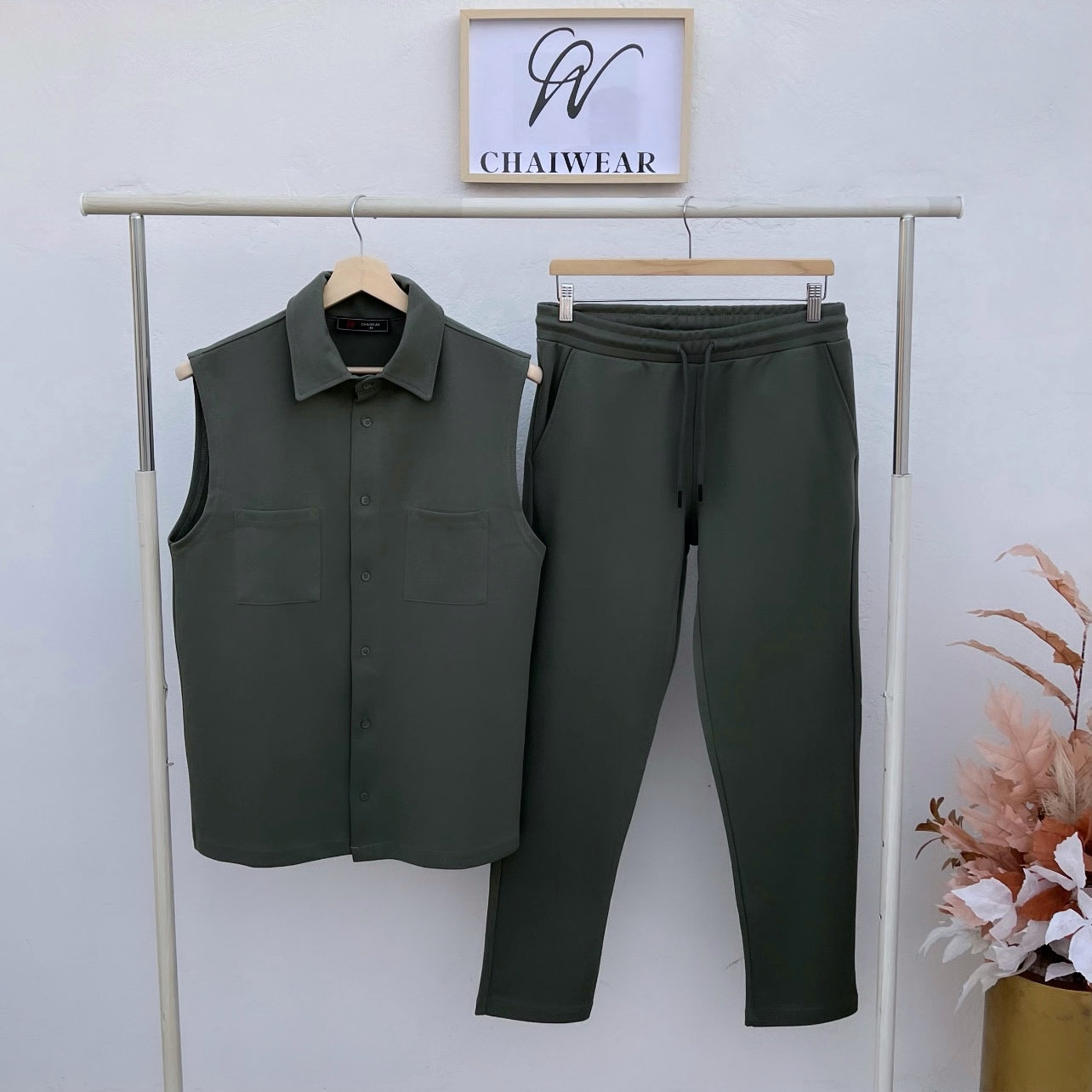 Pantalon et débardeur chemise avec bouton couleur Vert trehi en coton lourd 320 g