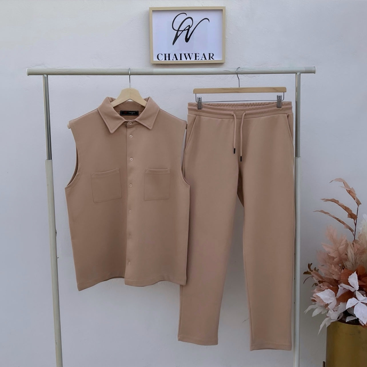 Pantalon et débardeur chemise avec bouton couleur Beige  en coton lourd 320 g