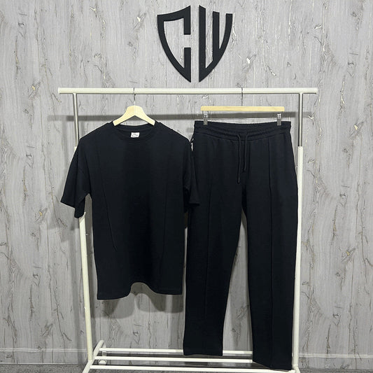 Pantalon et T-shirt avec pli Noir en coton lourd 320g / m²