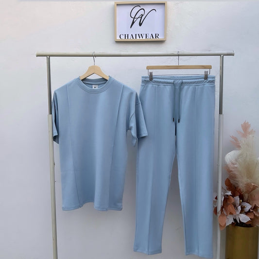 Pantalon et T-shirt avec pli Bleu clair en coton lourd 320g / m²