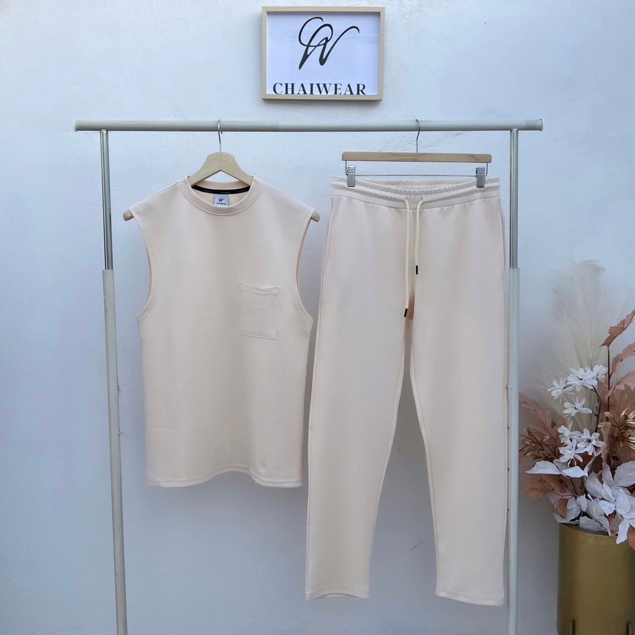 Complet Pantalon et débardeur avec poche couleur Blanc cassé en coton lourd 320 g