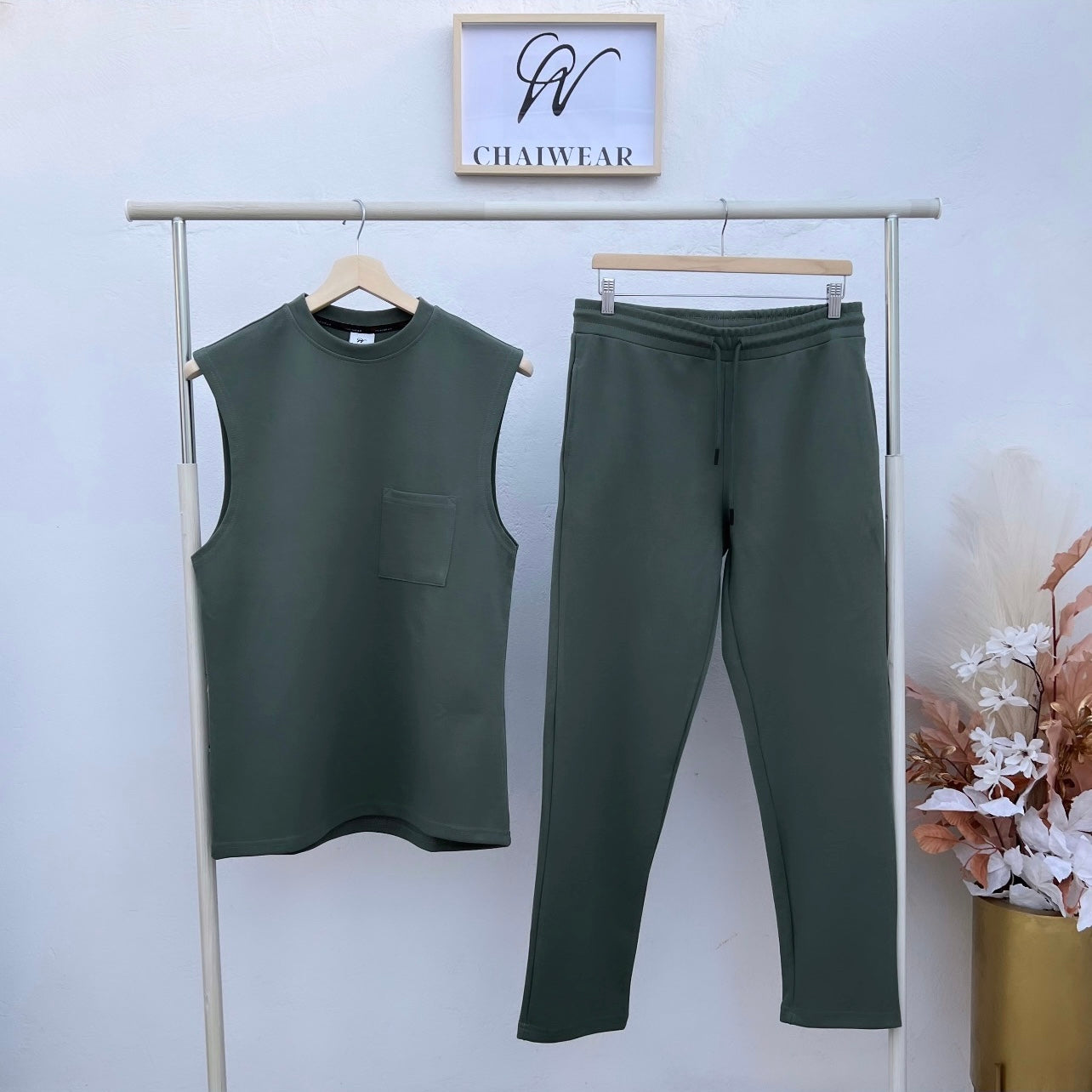 Pantalon et débardeur avec poche couleur Vert trellis en coton lourd 320 g