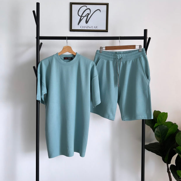 Complet Culotte et T shirt oversize Vert turquoi en coton lourd 320 g