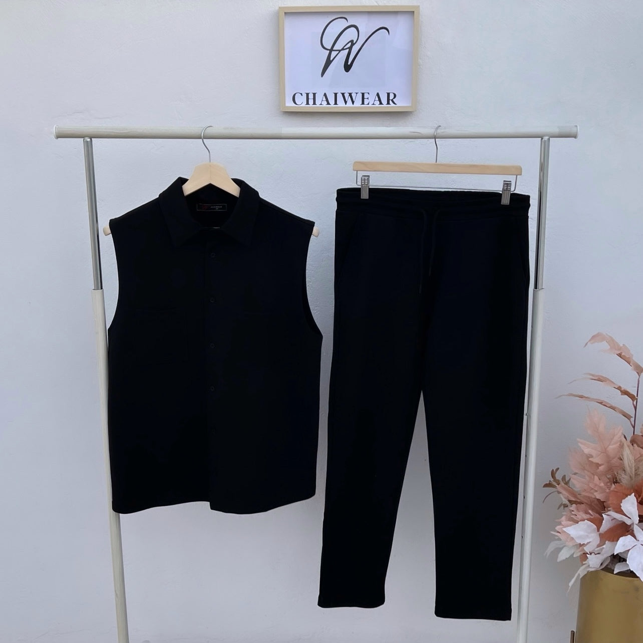 Pantalon et Débardeur avec bouton oversize en coton lourd 320g / m²