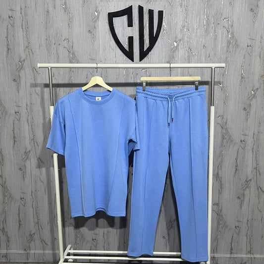 Pantalon et T-shirt avec pli Bleu ciel en coton lourd 320g / m²