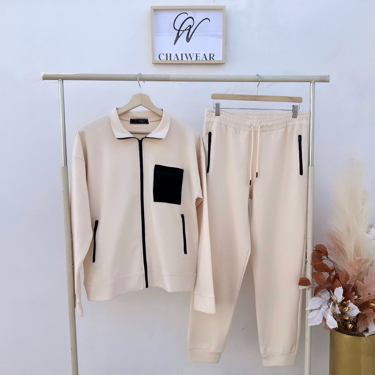 Complet Pantalon et Pull Poche avec fermeture éclair en Blanc cassé coton lourd 320 g