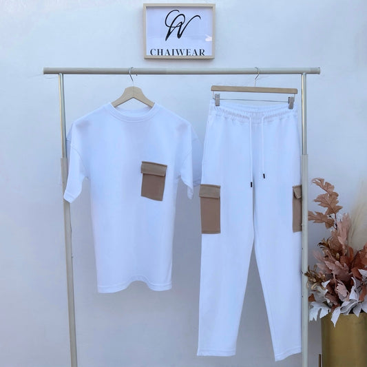 Ensemble Pantalon et T-shirt over size avec poche cargo Blanc poche Beige en coton lourd 320g / m²