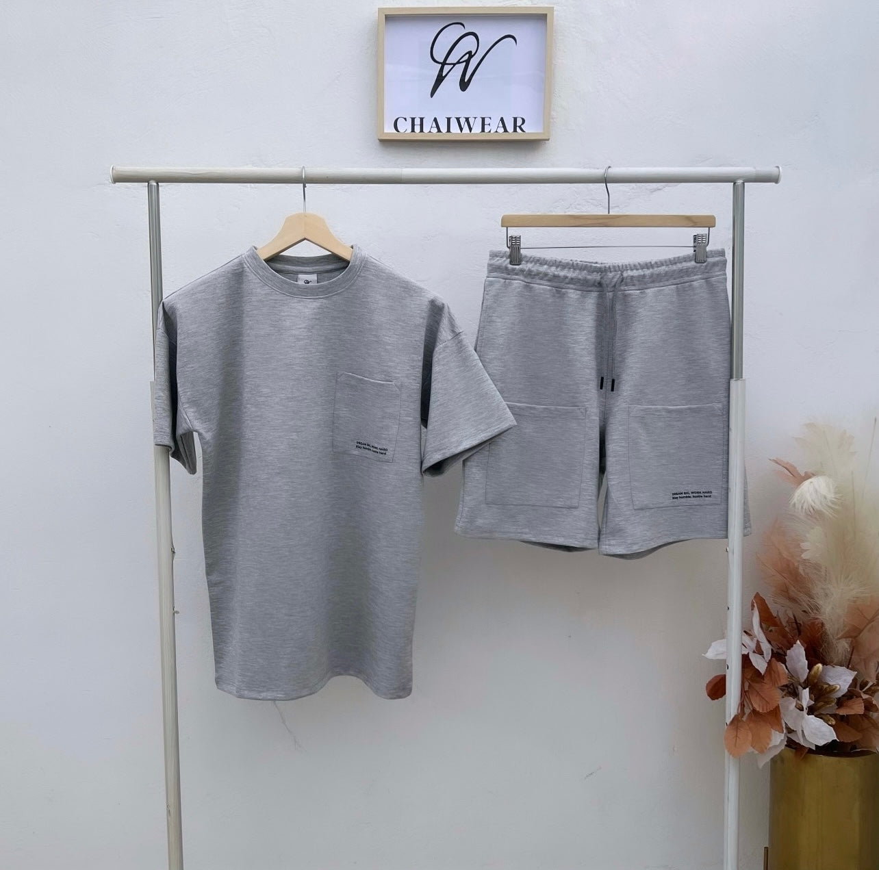 Ensemble short et T-shirt Dream big oversize Gris chiné en coton lourd 320g / m²