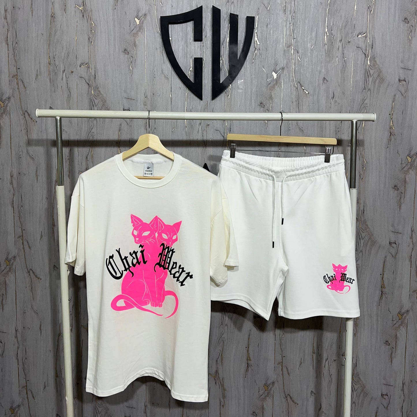 Ensemble short et T-shirt oversize Blanc cassé chat rose en coton lourd 320g / m²