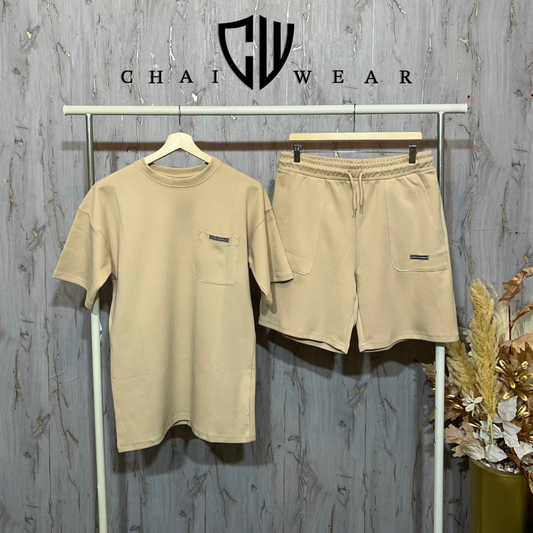 Ensemble short et T-shirt chaiwear performance oversize Beige en coton lourd 320g / m²