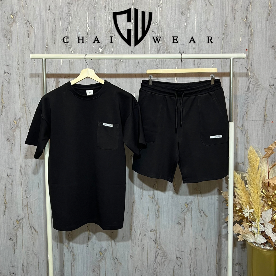 Ensemble short et T-shirt chaiwear performance oversize Noir en coton lourd 320g / m²